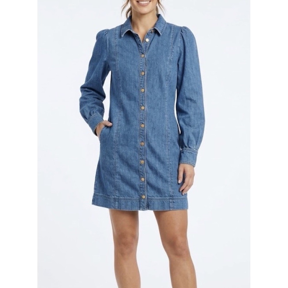 Sézane Organic Cotton Denim Dress Crest Buttons Blue Mini Shirt Dress Size 40 M